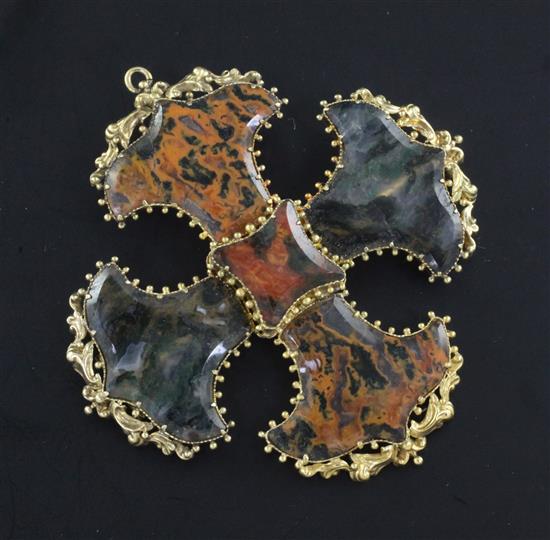 A gold and moss agate mounted cruciform pendant brooch, 2.5in.
